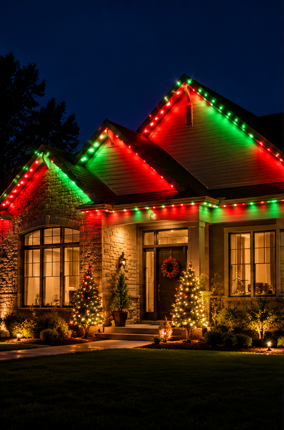 Home illuminated with Christmas colors